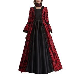 Victorian Dress Red Bow Floral Print Square Neckline Long Sleeves Matte